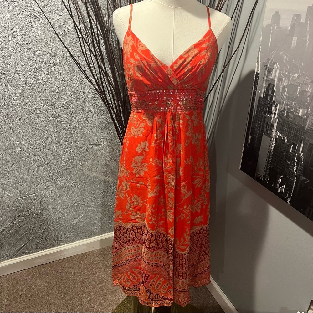 Monsoon Orange Silk Floral Midi Dress with Gold Leaf Print